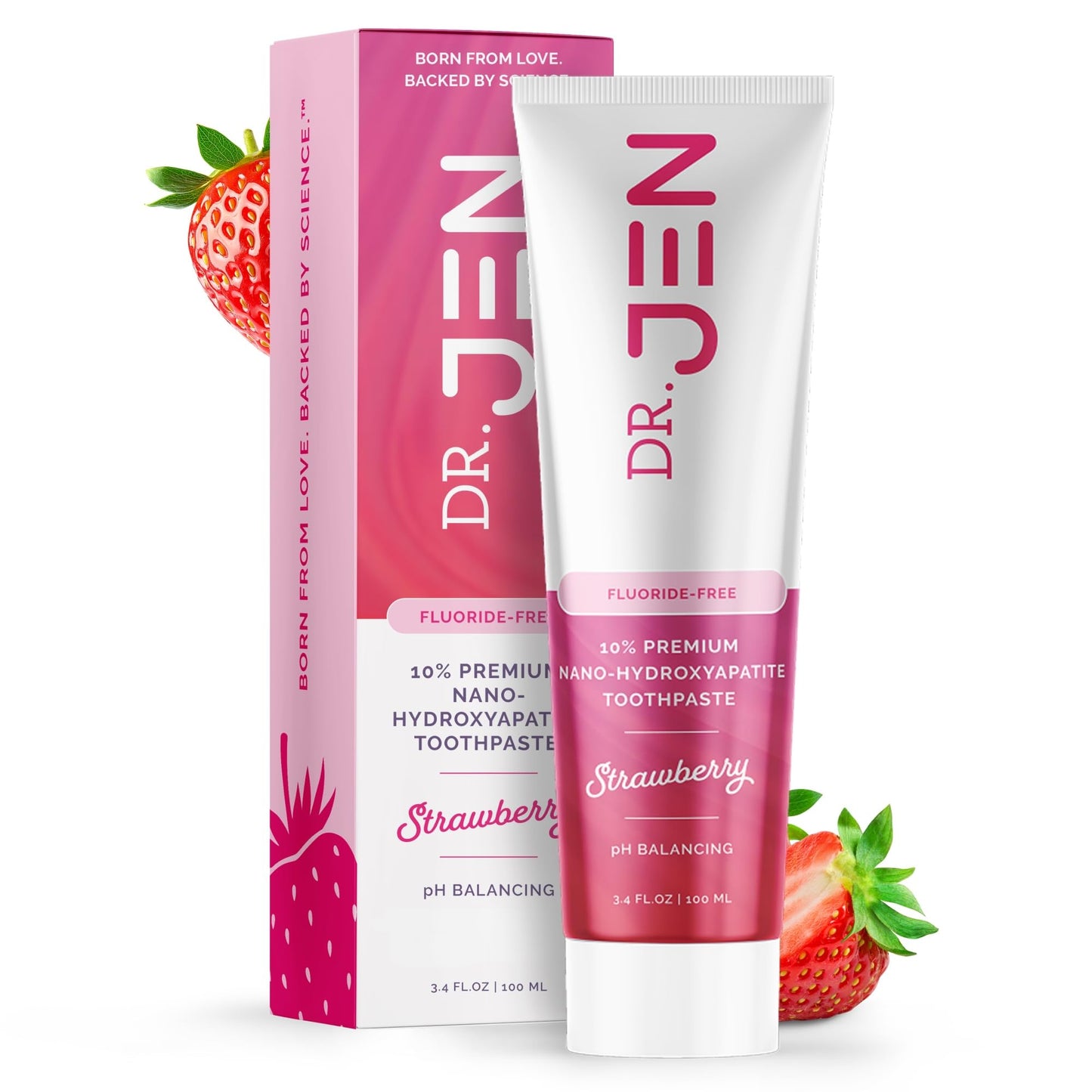 Dr. Jen Fluoride Free Toothpaste with 10% Premium Nano Hydroxyapatite, Xylitol & Glycerin, Remineralizing Daily Oral Care for Sensitive Teeth, Travel Essentials, Strawberry, 1 Pack