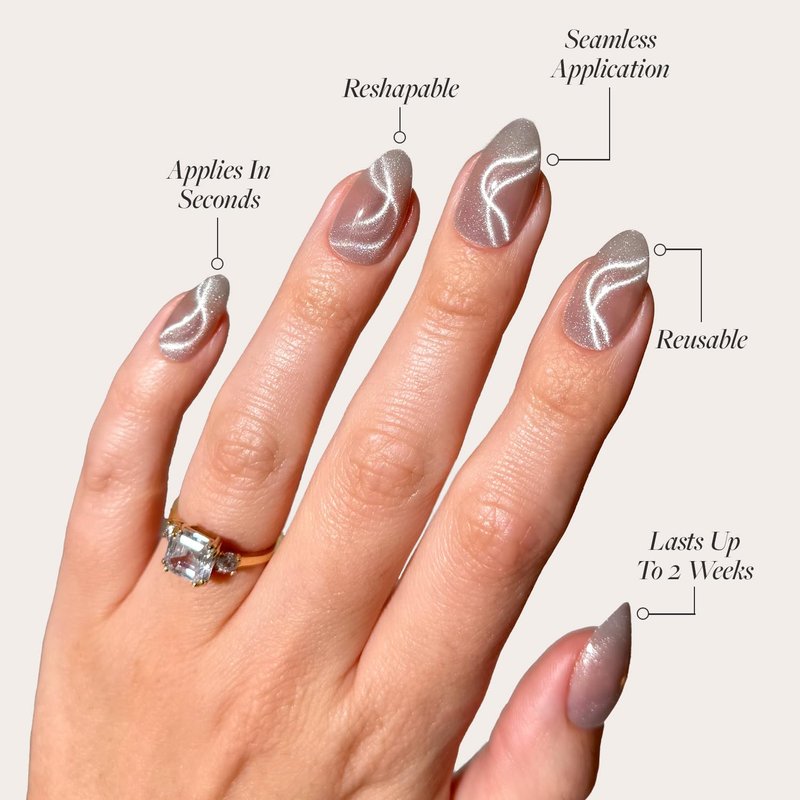 Glamnetic Press On Nails - WOO-MAN! | Gray Short Almond Velvet Cat Eye - 30 Nail Kit with Glue, 15 Sizes