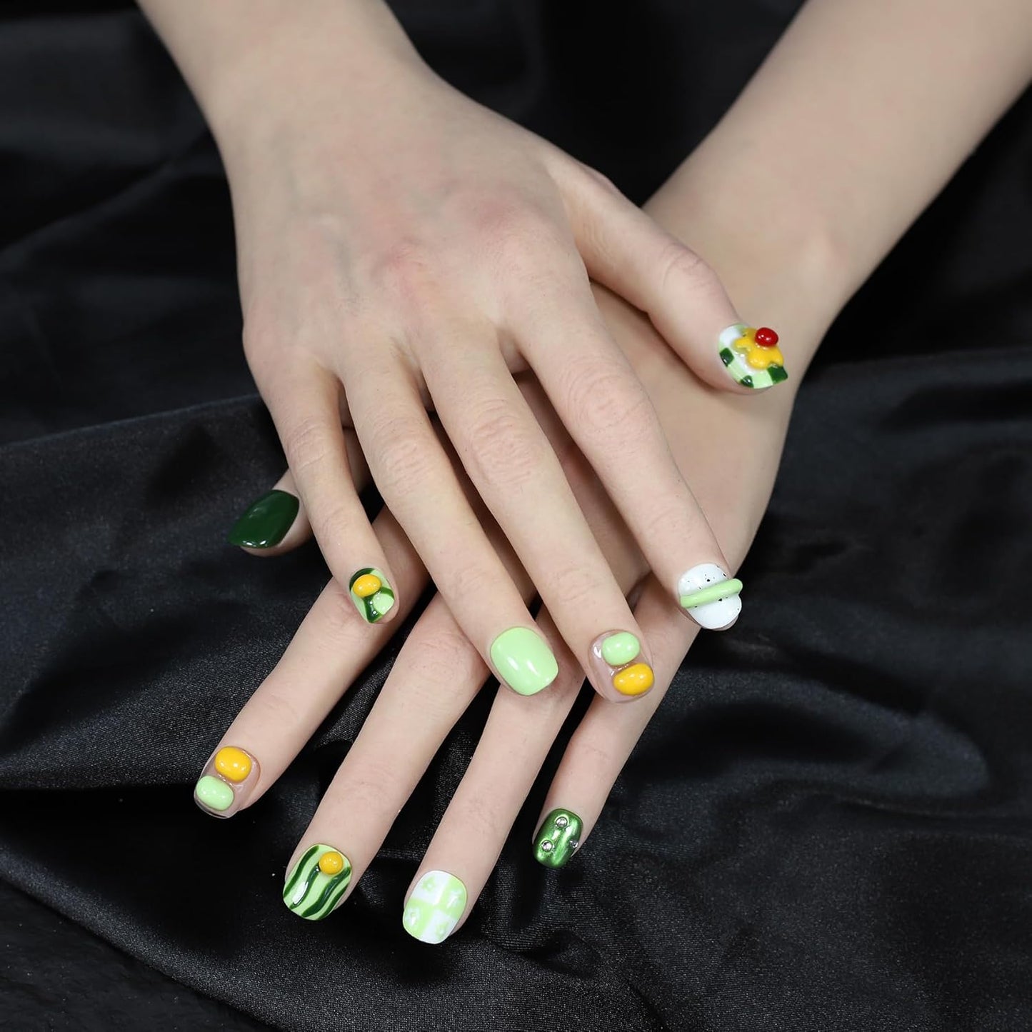 Short Press On Nails - Avocado Color Fruit Nail Art | Handcrafted Reusable Manicure Set for Women
