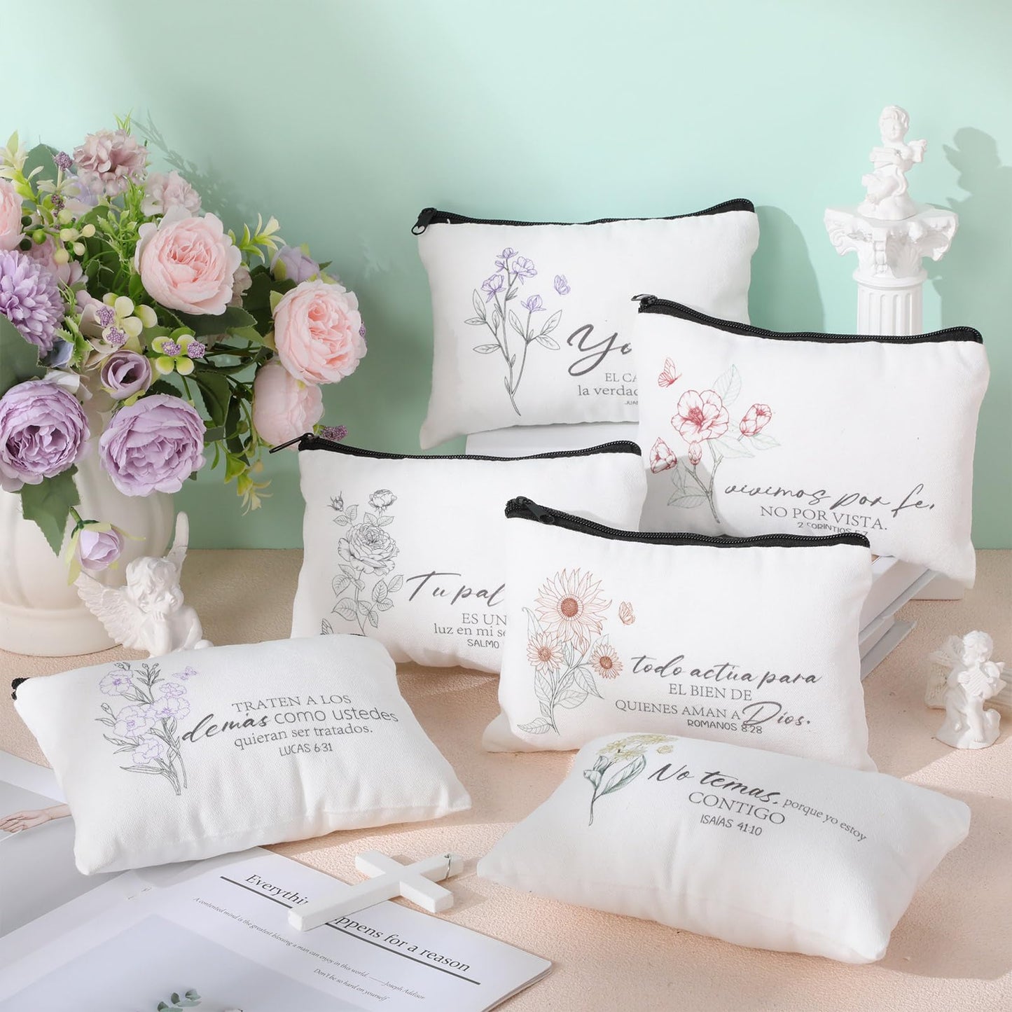 FuWeave 30 Pcs Mothers Day Gifts Spanish Christian Gift Bags for Women Bulk Religious Cosmetic Bag Inspirational Bible Verse Pencil Pouch Christian Makeup Bags with Zipper Church Gift for Travel