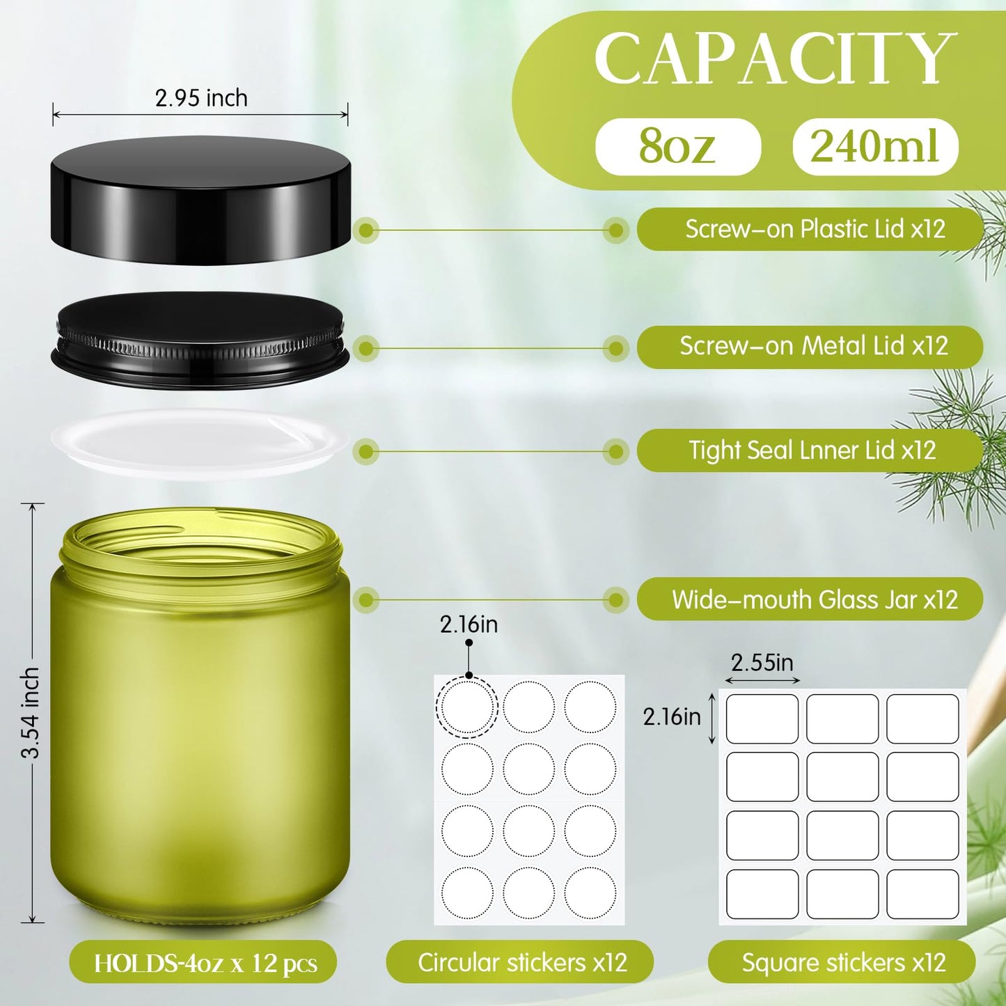 Norme 12 Pcs 8oz Thick Glass Jars with 24 Plastic Metal Inner Liners Lids Empty Glass Jars with 24 Label Airtight Storage Containers Operation Christmas Items for Lotions Creams(Green)