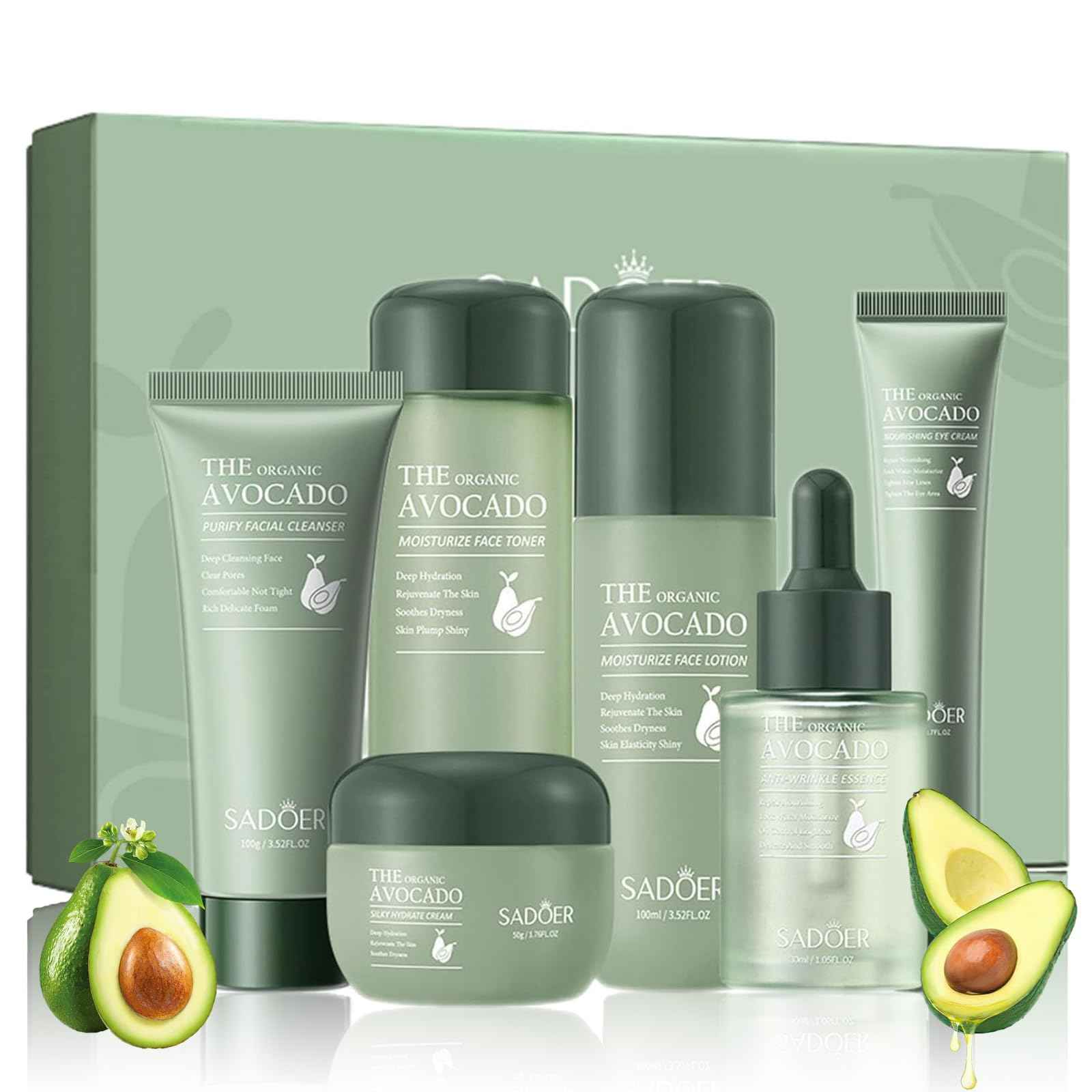 6Pcs Avocado Skincare Set, 6-In-1 Hydrating Skincare Gift Kit with Facial Cleanser, Face Toner, Anti-wrinkle Serum, Face Lotion, Face Cream & Eye Cream, Moisturizing Anti-Aging Skin Care Kit