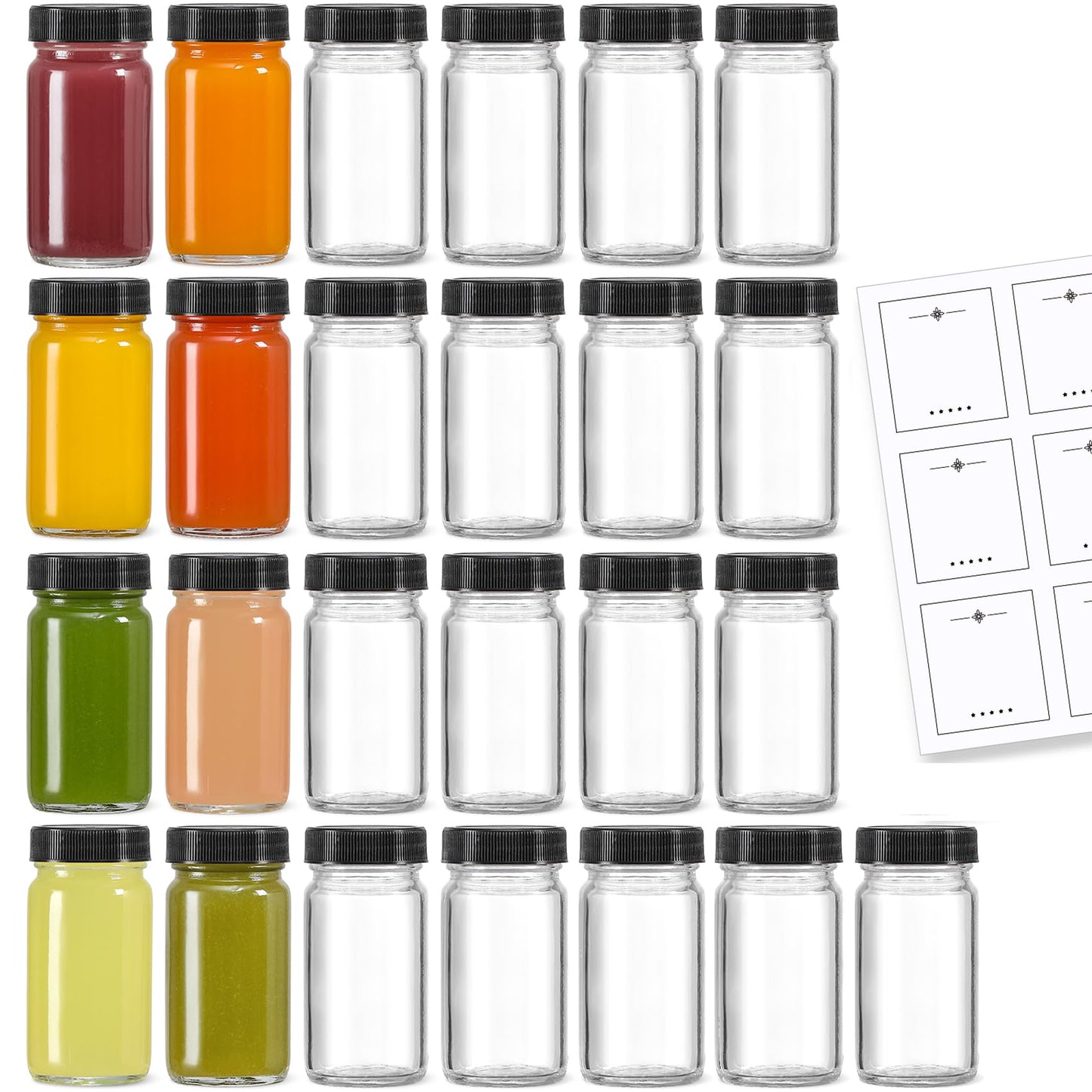 25 Pack 2 oz Glass Shot Bottles w/ Black Lids & 25 Labels - Small Clear Jar for Ginger, Wellness Shot, Juice, Sample, Whiskey - Travel Essentials Mini Bottles - Wide Mouth, Leakproof, Dishwasher Safe