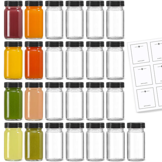 25 Pack 2 oz Glass Shot Bottles w/ Black Lids & 25 Labels - Small Clear Jar for Ginger, Wellness Shot, Juice, Sample, Whiskey - Travel Essentials Mini Bottles - Wide Mouth, Leakproof, Dishwasher Safe