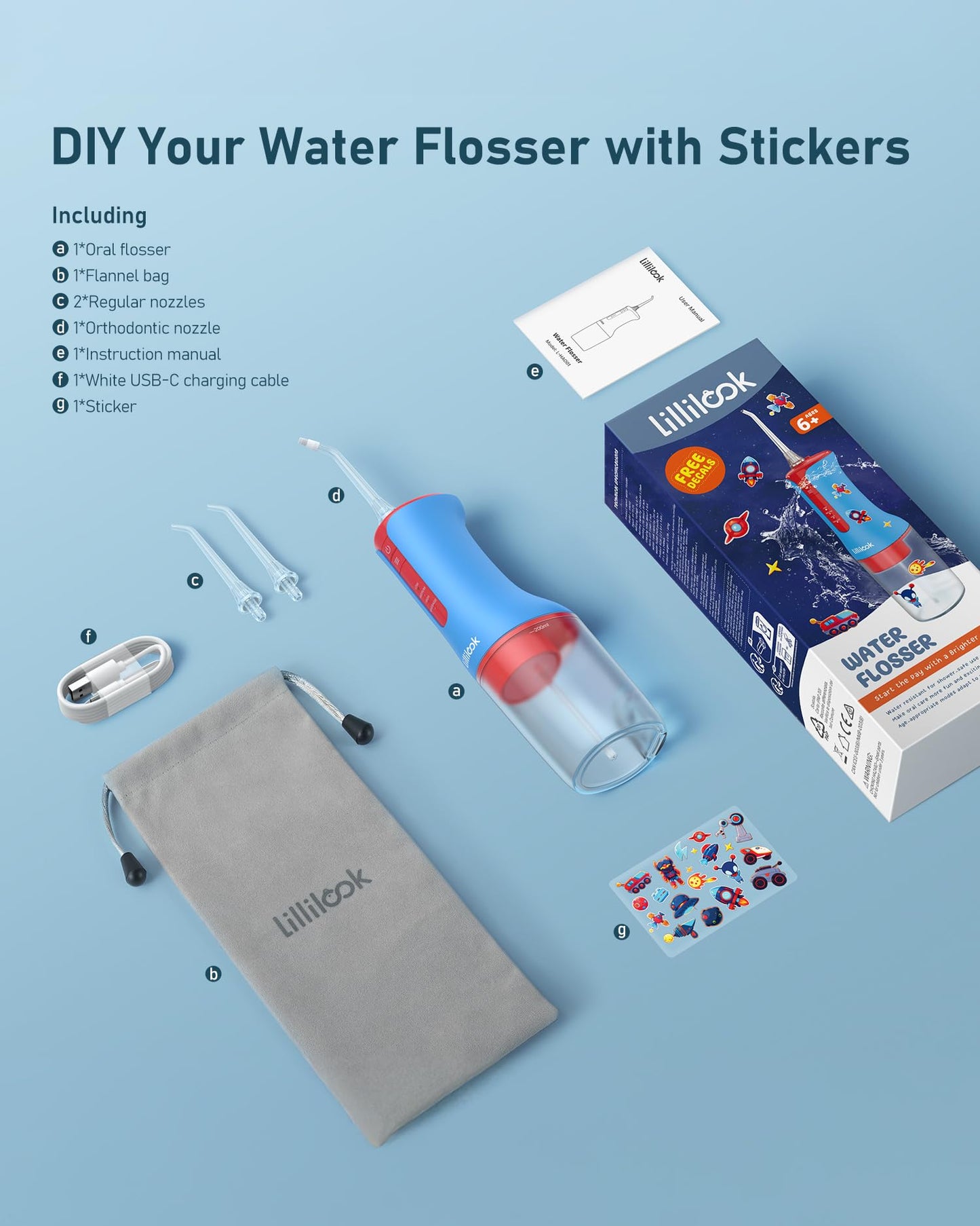 Lillilook Kids Water Flosser Blue, Rechargeable Oral Irrigator for Kids Aged 6+, 4 Modes, 3 Jet Tips, Fun Stickers, Safe and Gentle Oral Care