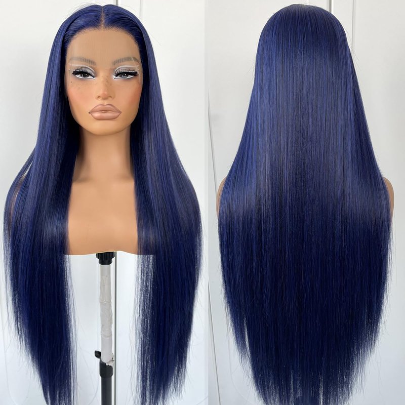 Blue Straight HD Lace Front Wig - Pre-Plucked Glueless Synthetic Hair for Women | Perfect for Cosplay & Fashion