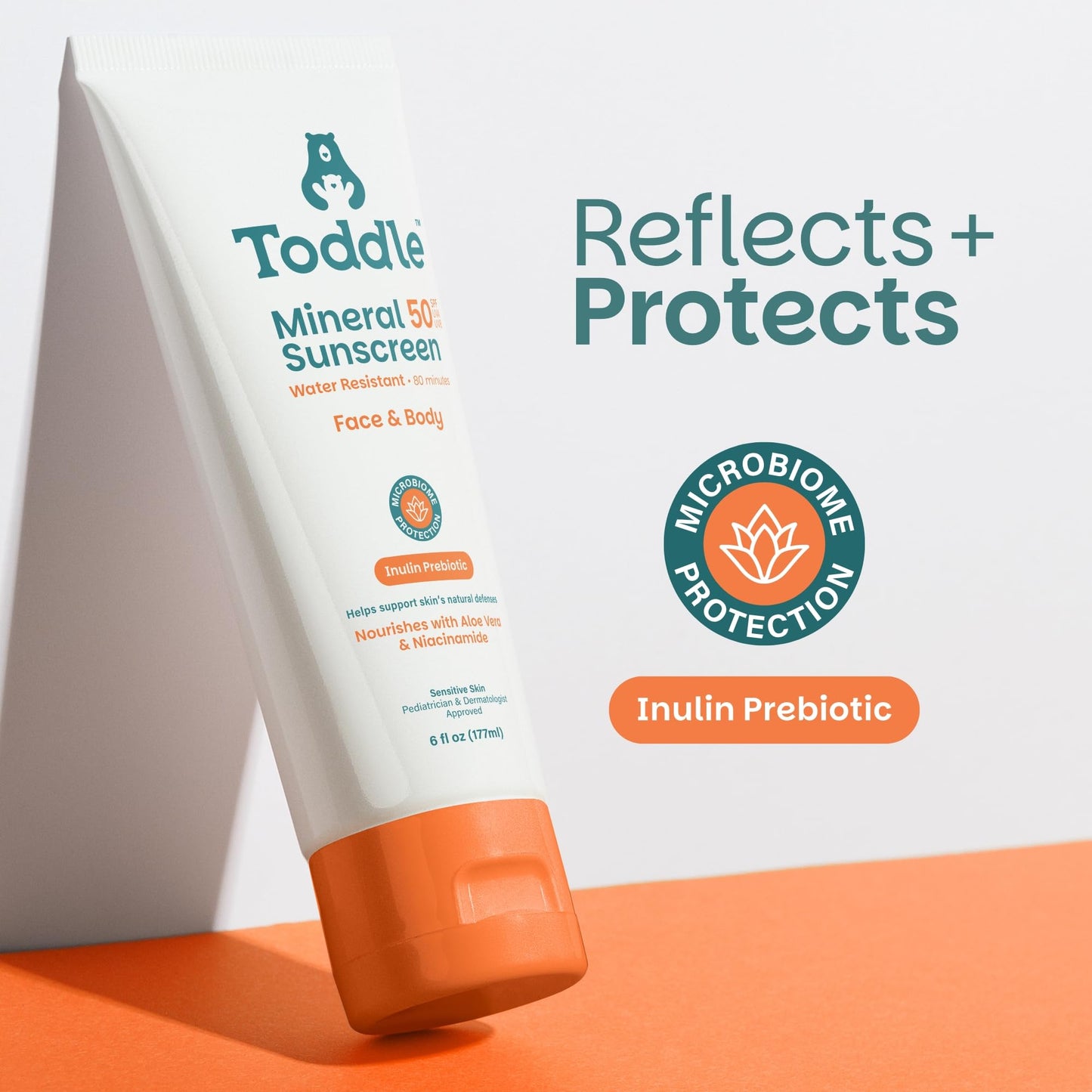 Toddle Prebiotic Mineral Sunscreen SPF 50 for Kids & Baby, Face & Body Sun Protection, Reef Safe, Non-Toxic Zinc Oxide Broad Spectrum, Water-Resistant, No White Cast, 6oz