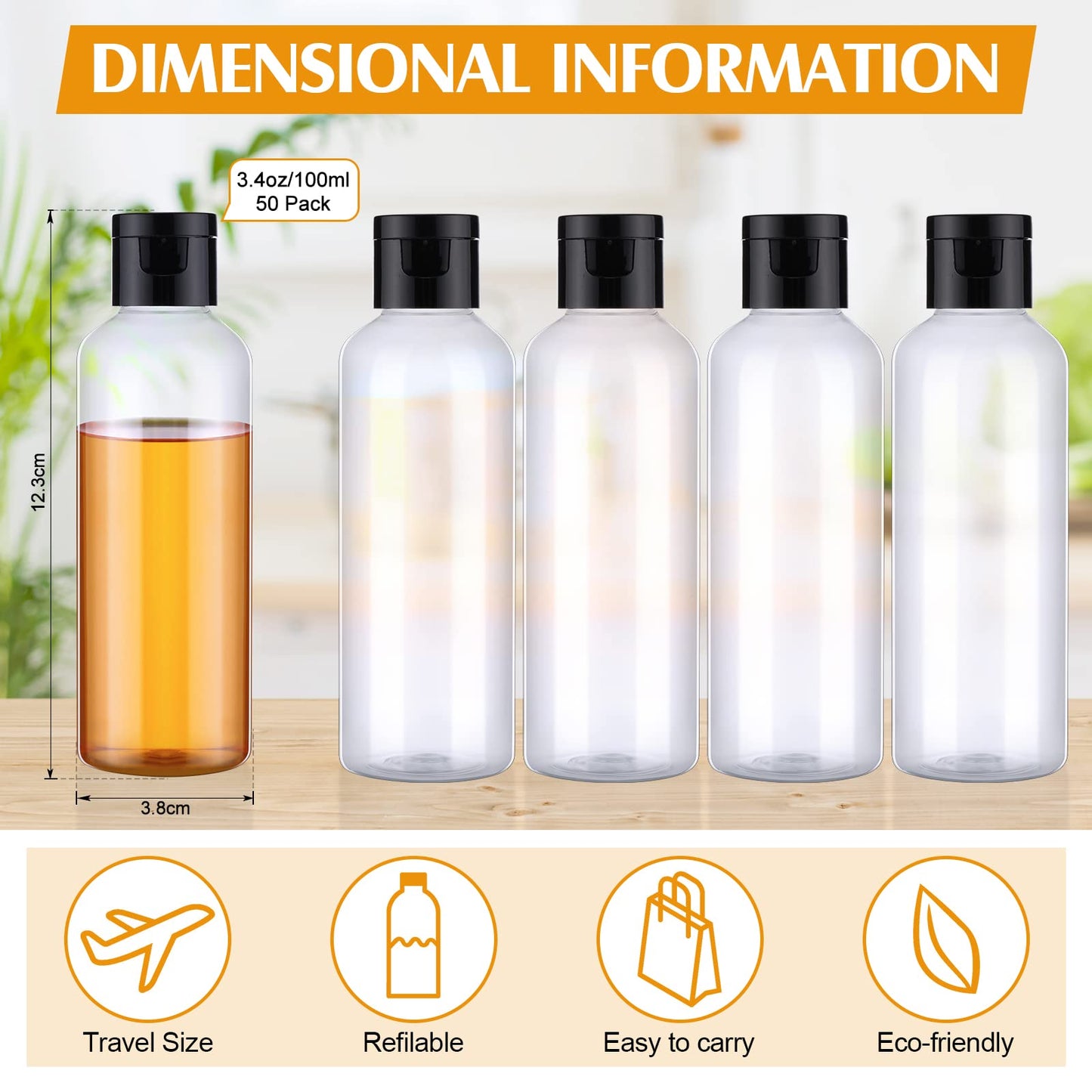 Nuenen 50 Pcs 3.4 oz Travel Size Bottles with Flip Cap Plastic 100ml Travel Bottle TSA Approved for Toiletries with 2 Funnels Small Leakproof Empty Refillable Squeeze Shampoo Containers(Clear, Black)