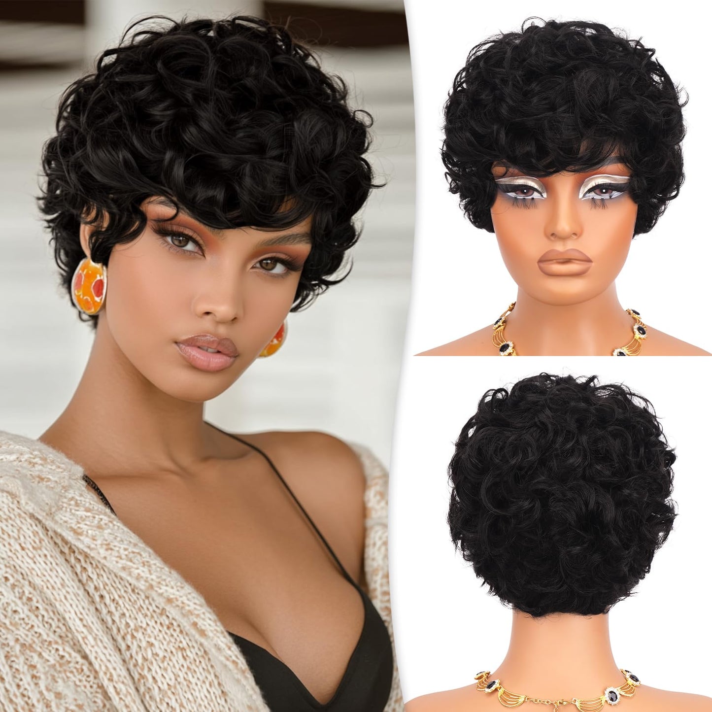RUWISS Pixie Cut Wig Human Hair Curly Short Wigs for Black Women Glueless Pixie Human Hair Wig with Bangs for Daily Use Natural Short Bob Layered Wavy Human Hair Wigs for Black Women, Natural Black