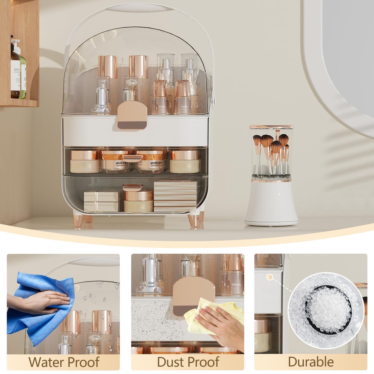 CLBDRESS Makeup Organizer Countertop & Makeup Brush Holder with Lid 360 Rotating Clear Dustproof Skincare Holder for Vanity Bathroom Countertop, Ideal Gifts for Women, Transparent, Silver