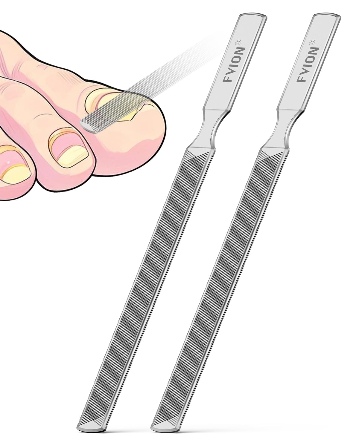 FVION 2 PCS Stainless Steel Double-Sided Long Nail File for Thick Nails – Professional Toenail File, Durable and Efficient Nail Care Tool Ideal for Manicure Or Pedicure (Silver)