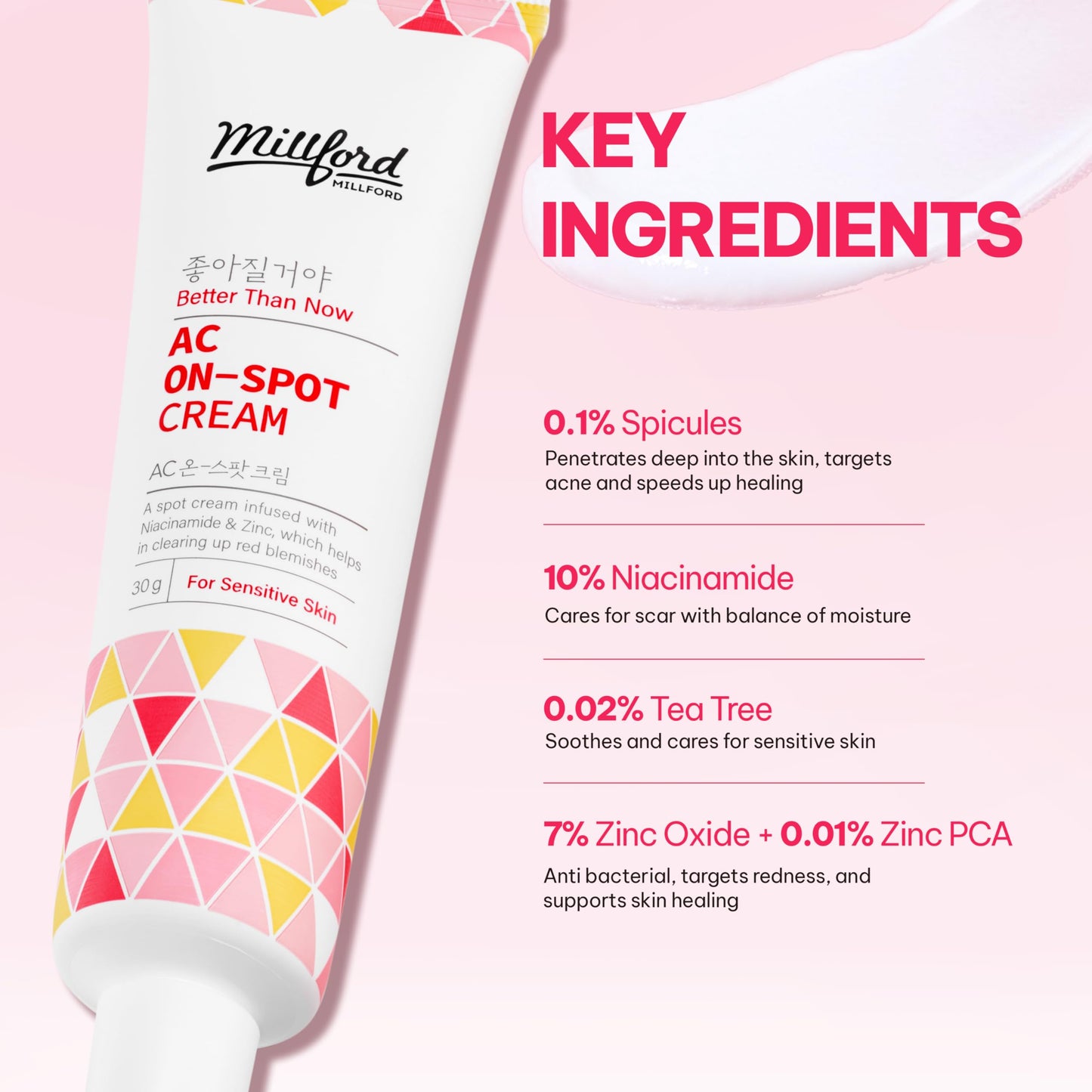 Millford AC On-Spot Cream 30g/1.05 Oz, Zinc Oxide 10%, Niacinamide 2% for Active Skin Repair, Acne Spot Treatment for Face, Blemish Care, Dark Spot, Korean Skincare for Sensitive & Acne-Prone Skin