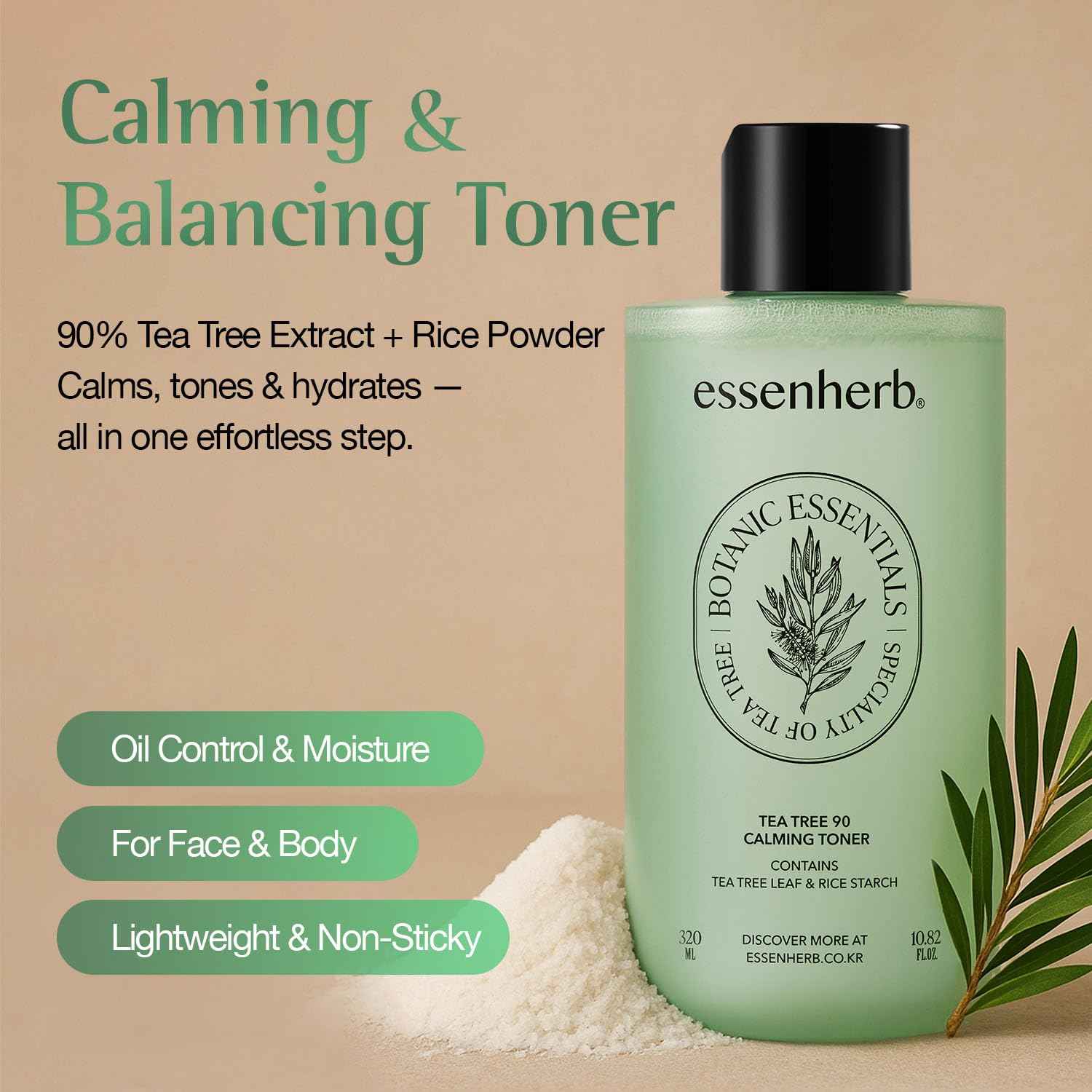 ESSENHERB Tea Tree 90 Calming Toner | Vegan | Real Tea Tree | Sebum Control | Mild Formula, Korean Skincare (320ml, 10.82oz)