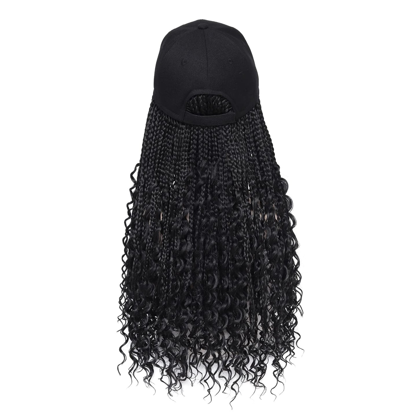 GUOJIAN Goddess Box Braiding Baseball Cap Wig, Black Bohemian Curly Ends Box Braids Hat with Braided Hair Extensions for Black White Women, Synthetic Braids Hat Wig with Hair Attached