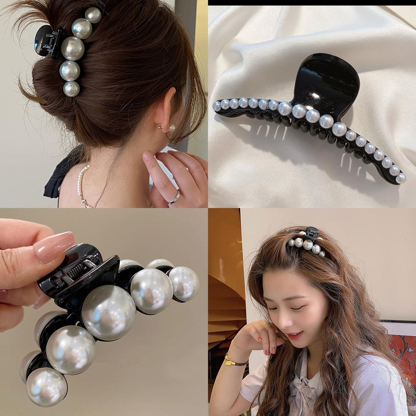 Mehayi 4 PCS Large Pearl Hair Claw Clips for Women Girls, Hair Barrette Clamps for Thick Thin Hair, Fashion Hair Accessories Headwear Styling Tools for Party Wedding