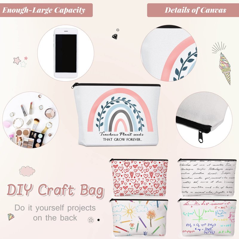 Coume 30 Pcs Teacher Appreciation Gifts Bulk for Women Inspirational Rainbow Canvas Makeup Bags Thank You Cosmetic Bags for End of Year Teacher Employee Coworker Gifts, 10 Styles(Elegant)