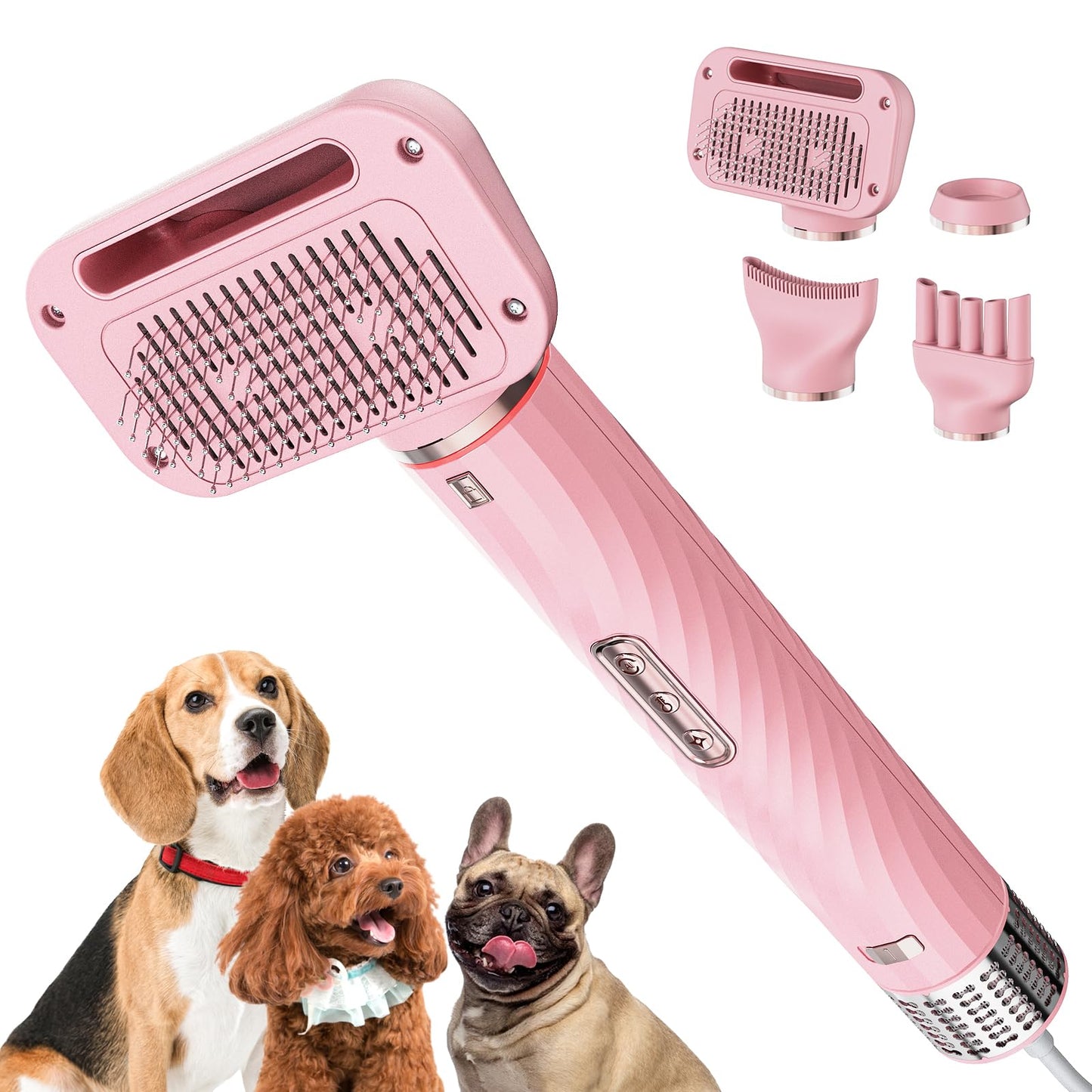 Morlivan Dog Hair Dryer with Slicker Brush, High Velocity Pet Blow Dryer for Grooming, Low Heat Low Noise Dog Grooming Supplies for Home Use, Includes 4 Nozzles for Drying & Brushing, Gray