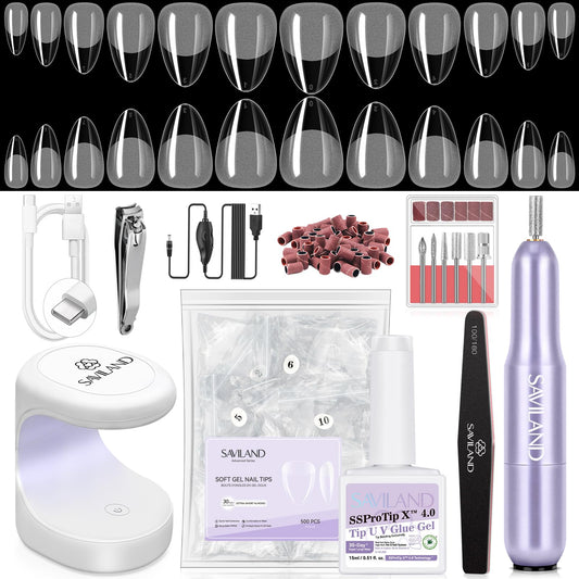 SAVILAND Advanced Gel Nail Kit: Salon Grade Extra Short Almond Nails 500 Pcs Nail Tips Half Matte with U V Nail Lamp Pre-Shaped 12 Sizes Complete At Home Nail Art Kit for Salon 30-Day Long-Wear