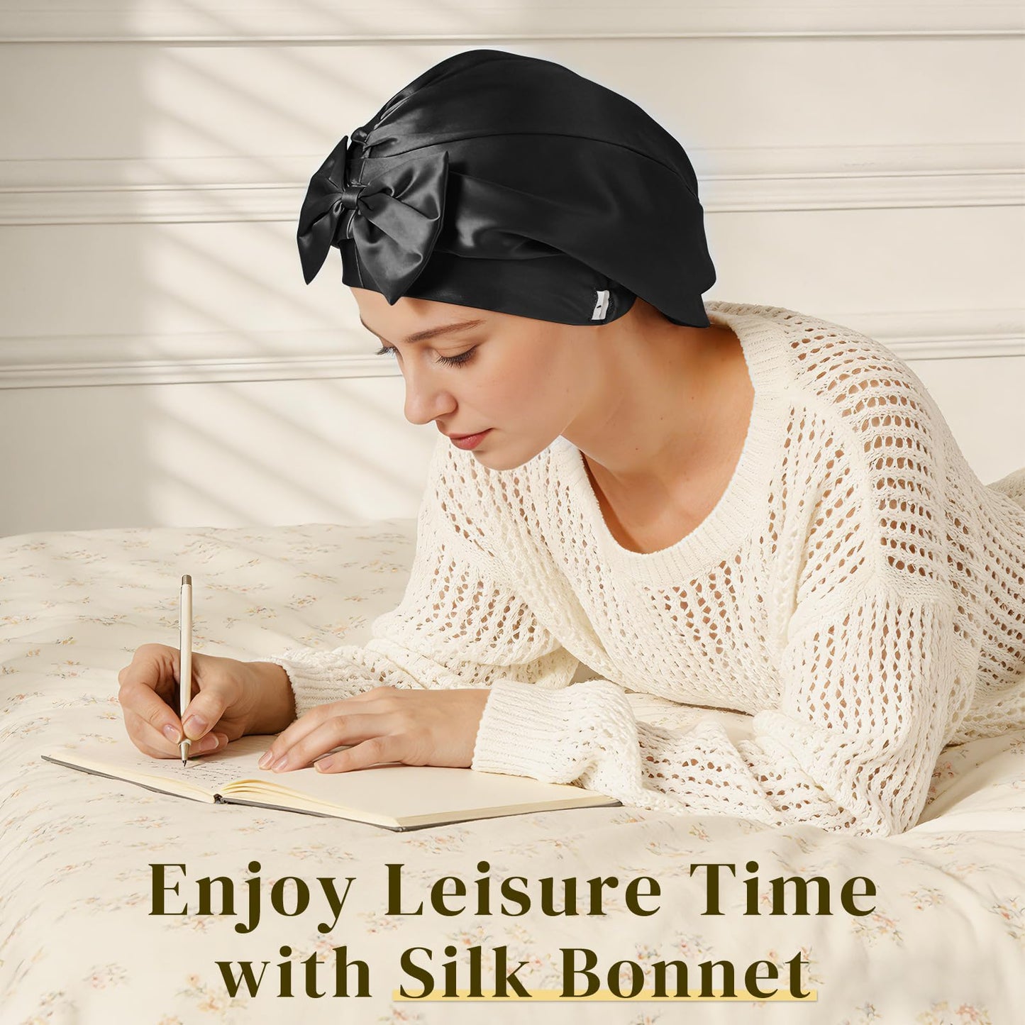 ZIMASILK 22 Momme Adjustable 100% Pure Mulberry Silk Bonnet for Sleeping Women, Double-Layered Silk Hair Bonnet for Anti-Frizz & Hair Protection – Reduces Slipping (1Pc, Black)
