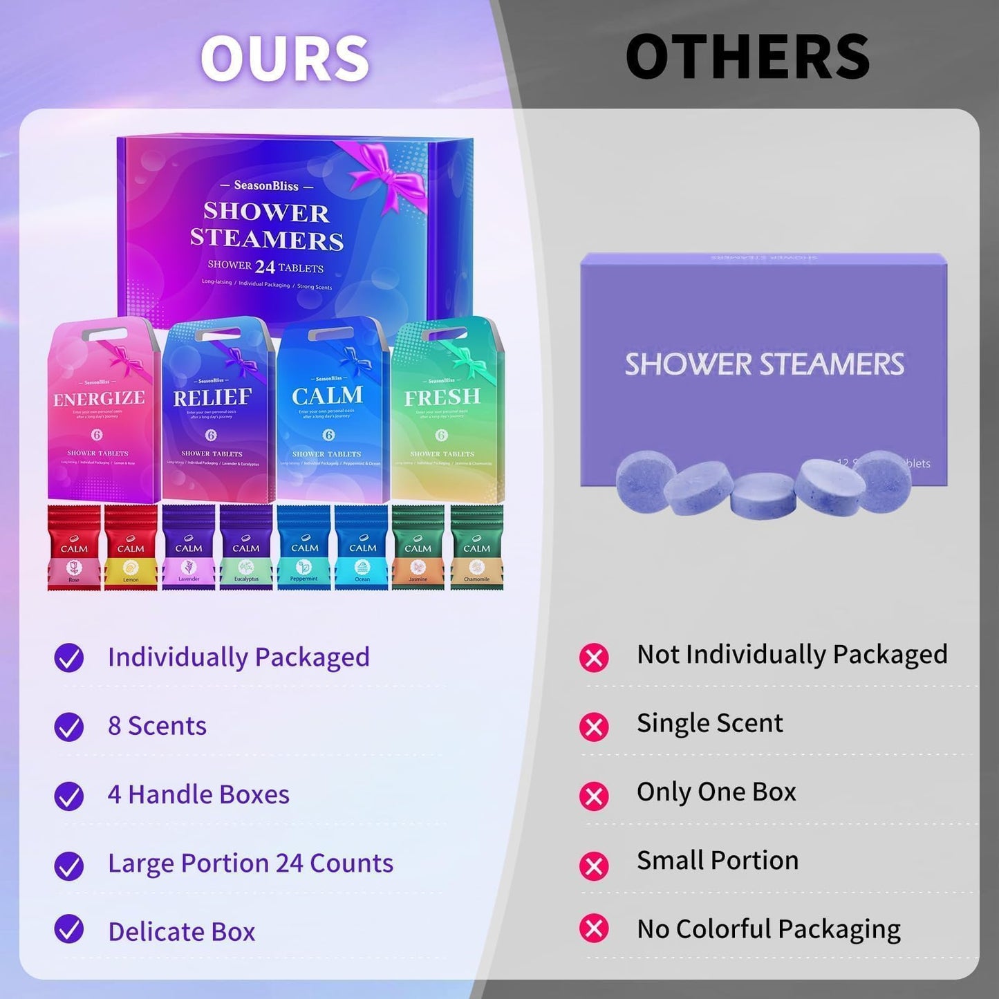 SeasonBliss Shower Steamers 24 Pack, Shower Tablets, Natural Ingredients, 8 Different Scents, Individually Wrapped Shower Steamer, Shower Steamers for Women