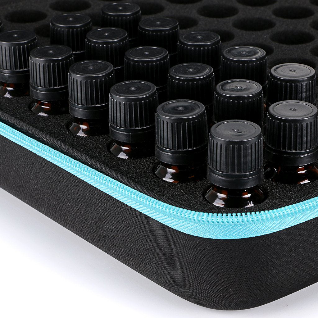 Hipiwe 108 Essential Oils Carrying Case Holds 5ml, 10ml, 15ml Bottles Hard Shell Exterior EVA Essential Oils Storage Organzier Bag with Foam Insert and Carrying Handle (Black+Blue 108)