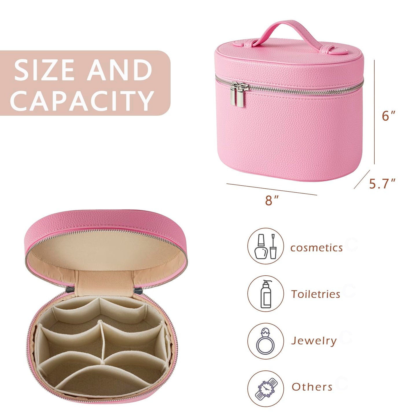 RSRSLEII Pink Aesthetic Makeup Bag, Travel Makeup Vanity Case with Divider and Handle, Waterproof PU Leather Cosmetic Organizer Bag, Portable Toiletry Bag for Women(02Pink)