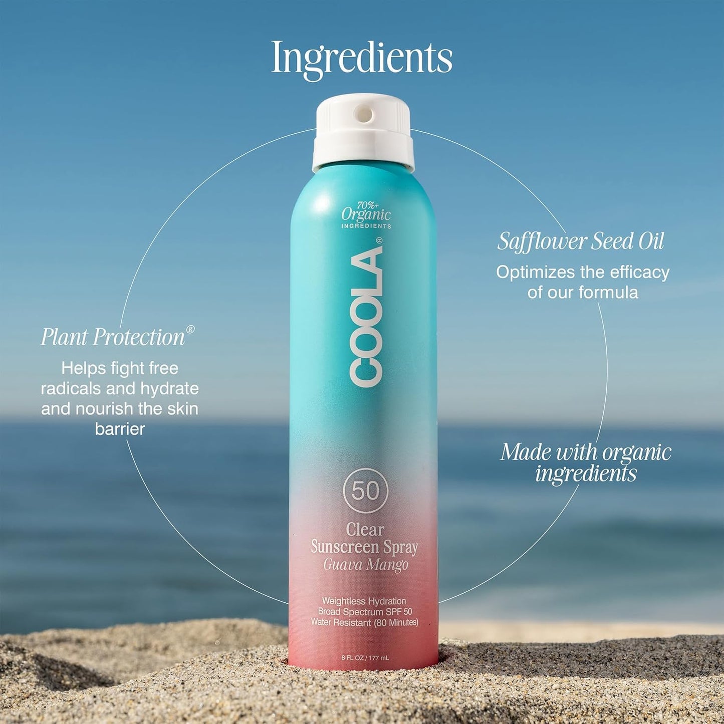 COOLA Organic Sunscreen SPF 50 Sunblock Spray, Dermatologist Tested Skin Care For Daily Protection, Vegan And Gluten Free, Guava Mango, 6 Fl Oz