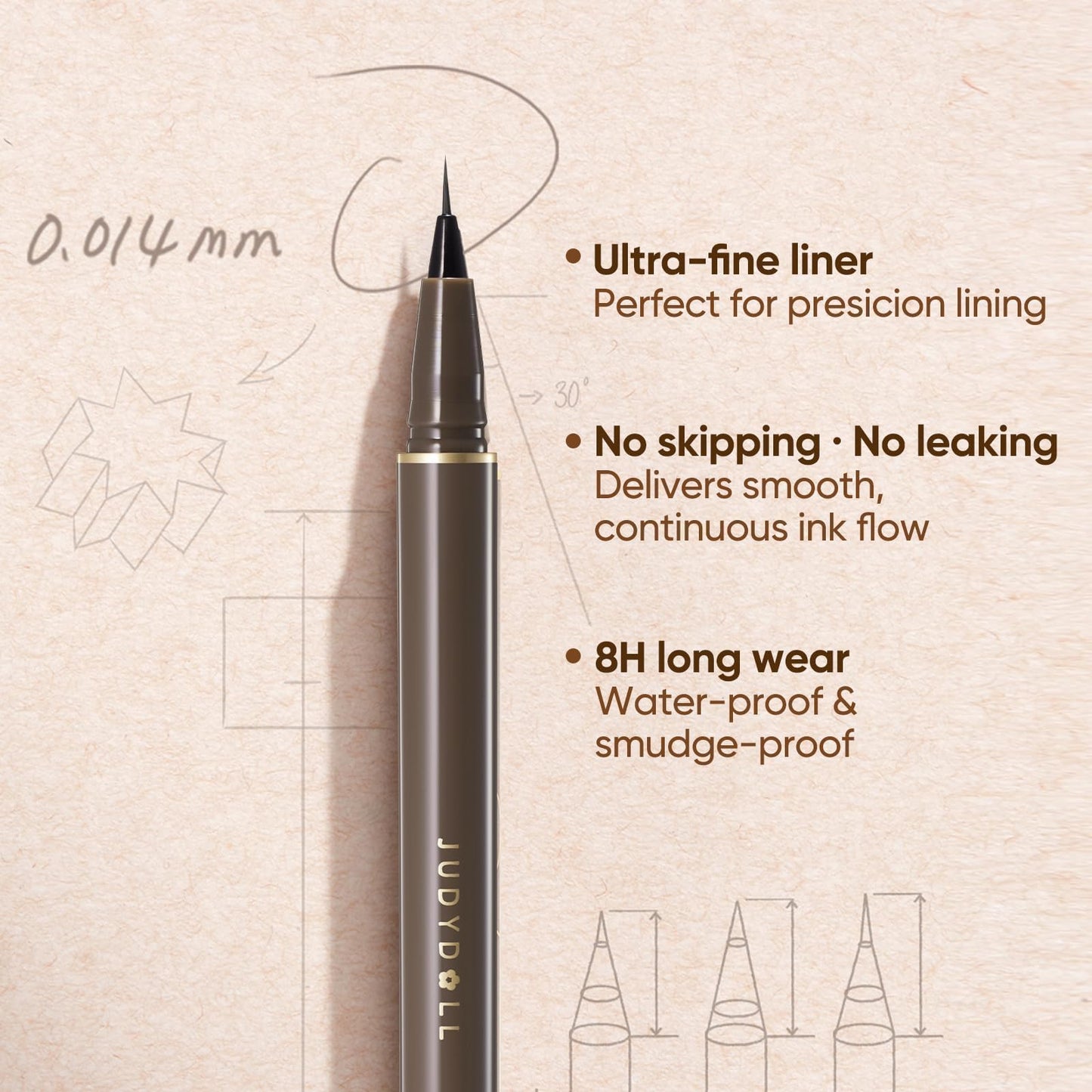 JUDYDOLL Ultra-Fine Liquid Eyeliner-Precision Tip for Wing Line, Smudge-Proof, Quick-Drying, Waterproof, Easy to Get Inner Corner Lined, Hooded Eyes-Friendly (#2 Deep Brown)