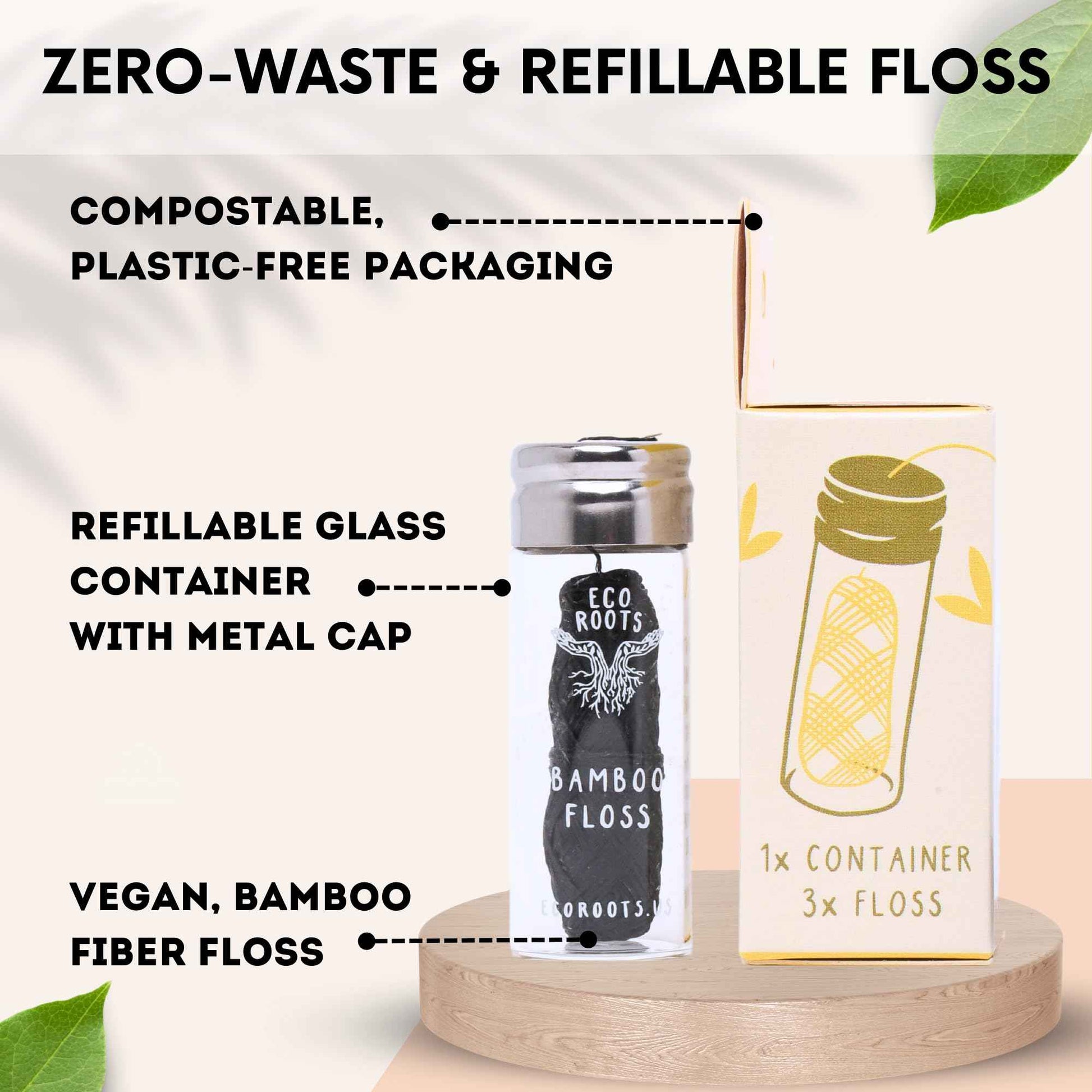 Natural Bamboo Dental Floss: 1 Refillable Glass Container + 3 Biodegradable Bamboo Floss Refill (33 Yards Each), Eco-Friendly, Vegan, Non-Toxic Natural Floss - Refillable Zero Waste Black Thick Floss