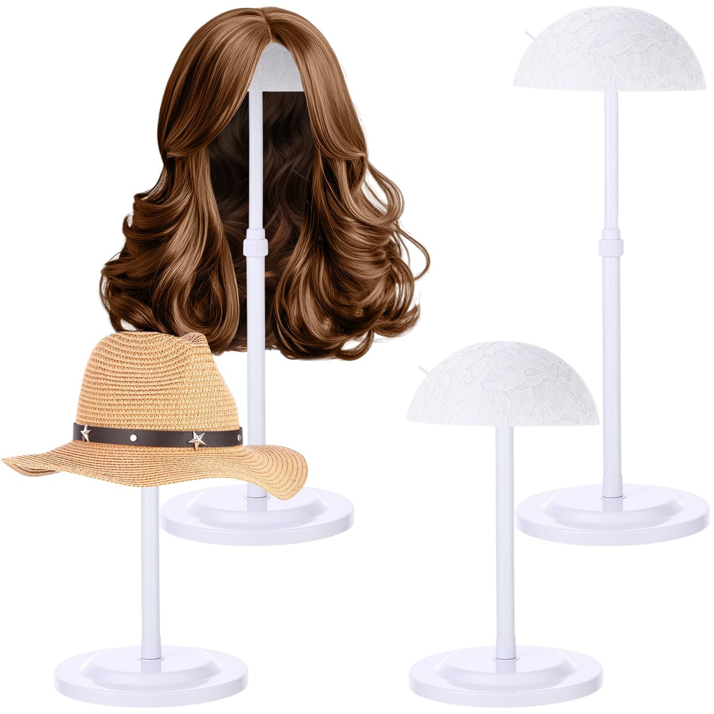 Geelin 4 Pack Wig Stand 9.8"-18.9" Adjustable Height Wig Head Holder Non Slip Portable Hat/cap Display Stand for Multiple Wigs(White)