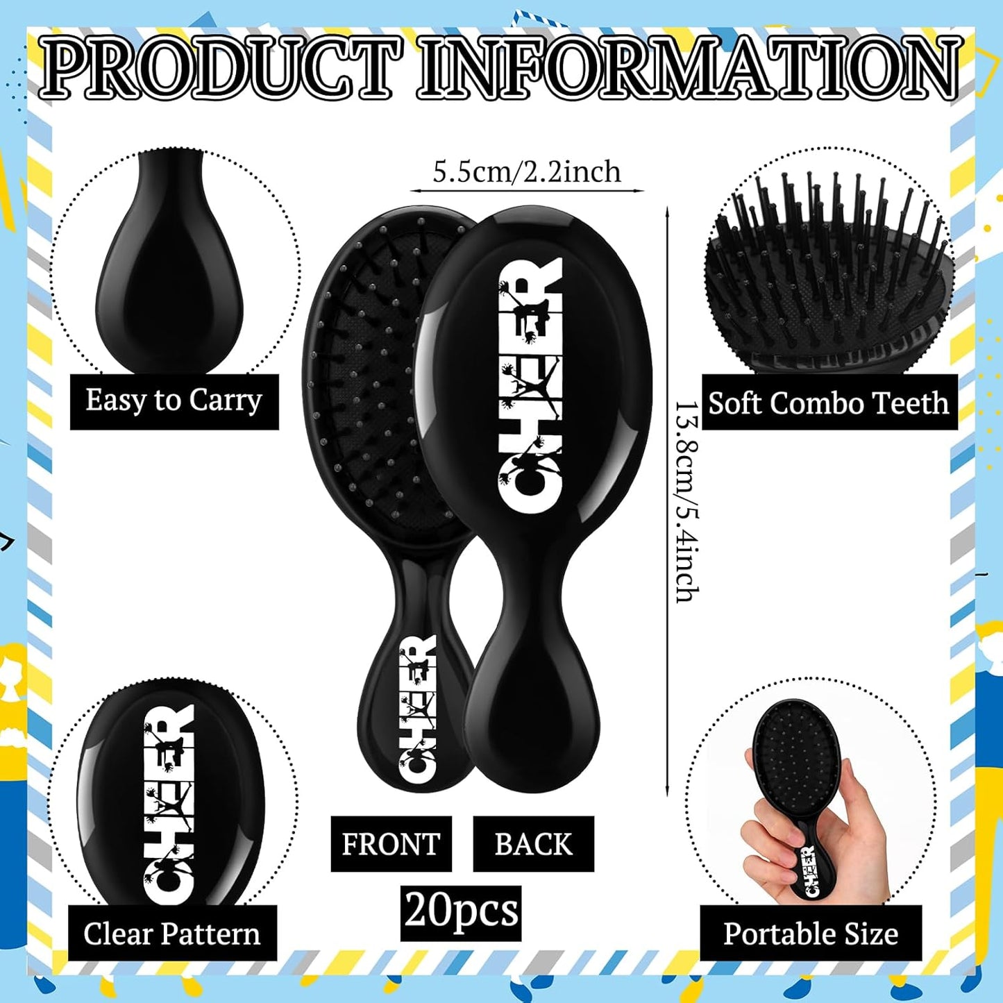 Cheer Mini Hair Brushes - 20 Pack Detangling Brushes for Cheerleaders | Plastic Bristles, Black