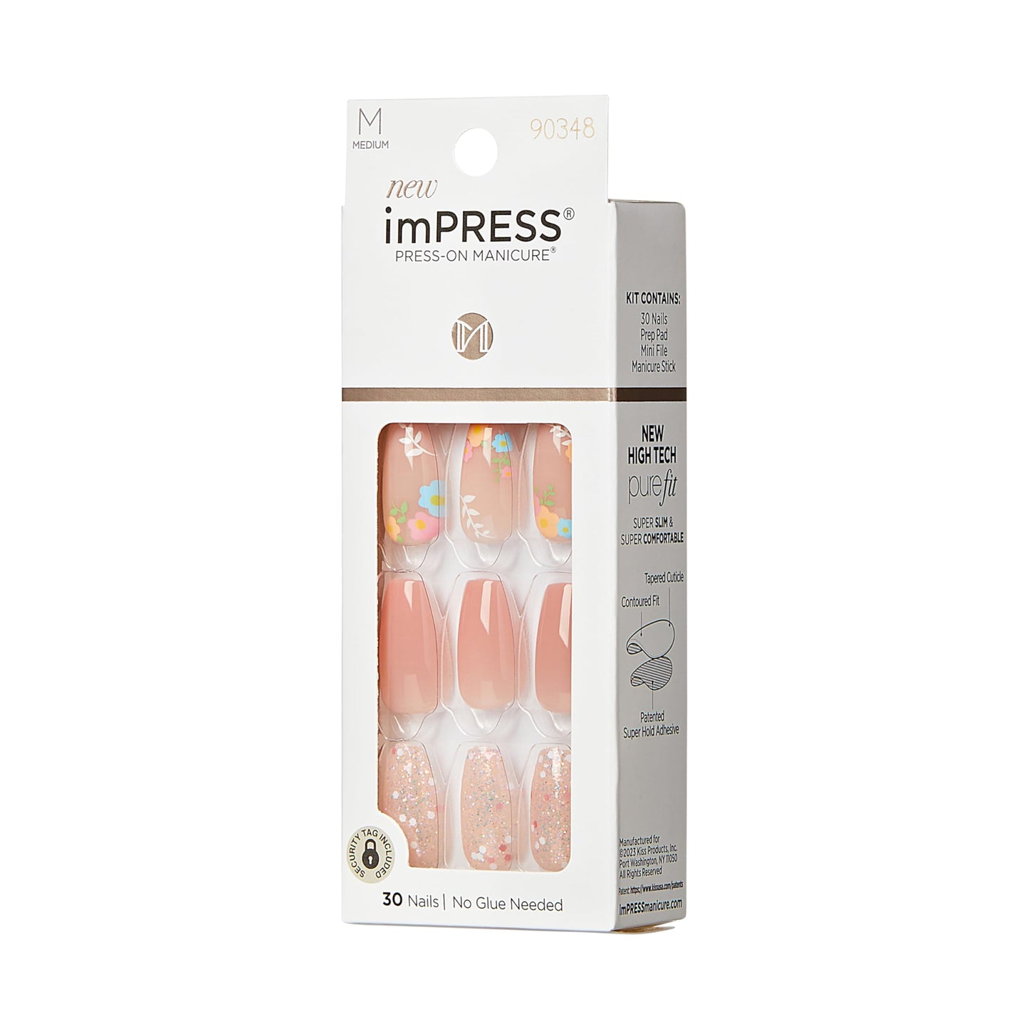 KISS Impress Press-On Manicure Fake Nails, Hokey Pokey - Medium Length, Coffin Shape, Polish-Free Nude Pink with Flower Design Mani, Includes Prep Pad, Mini File, Manicure Stick, and 30 Fake Nails