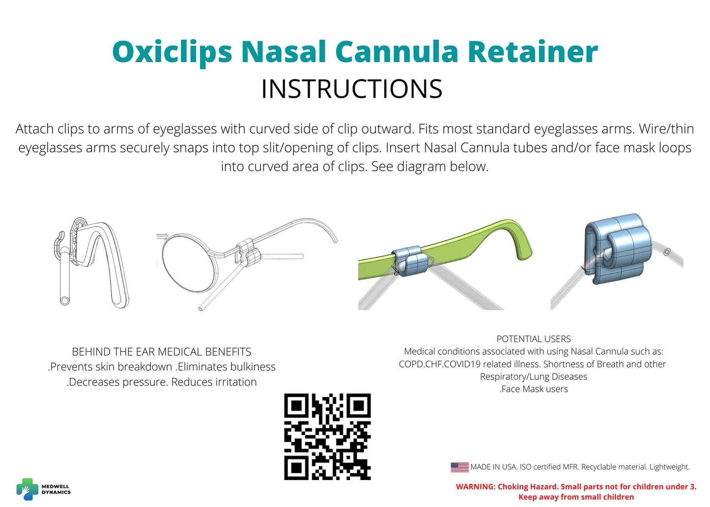Oxiclips Nasal Cannula Retainer, Eyewear Attachment Clip, Prevents Ear Irritation, Made in The USA