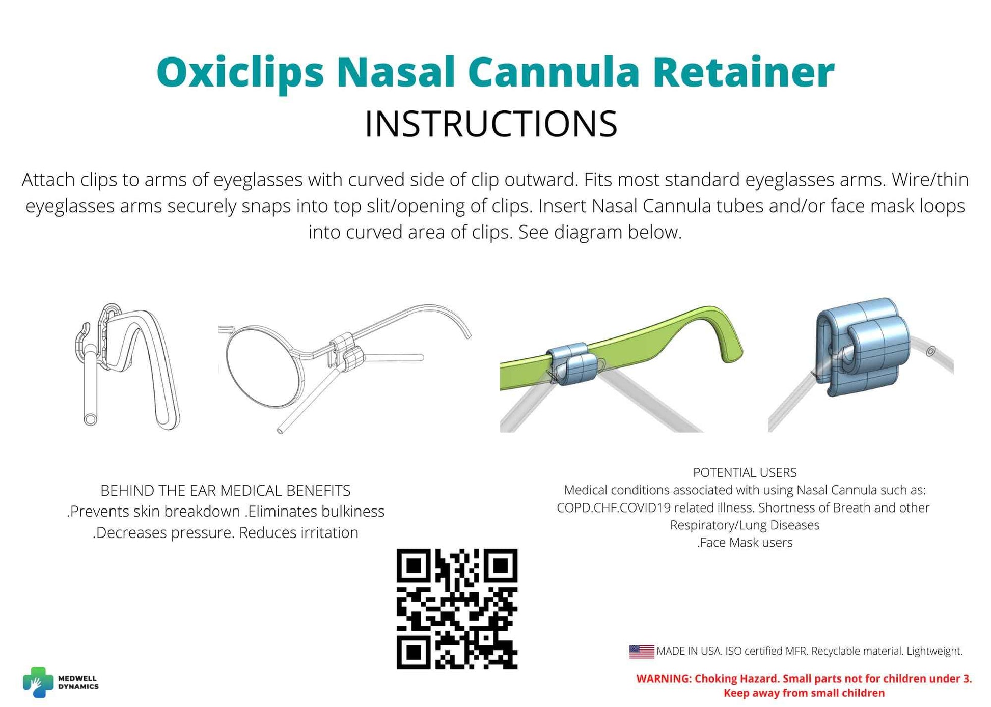 Oxiclips Nasal Cannula Retainer, Eyewear Attachment Clip, Prevents Ear Irritation, Made in The USA