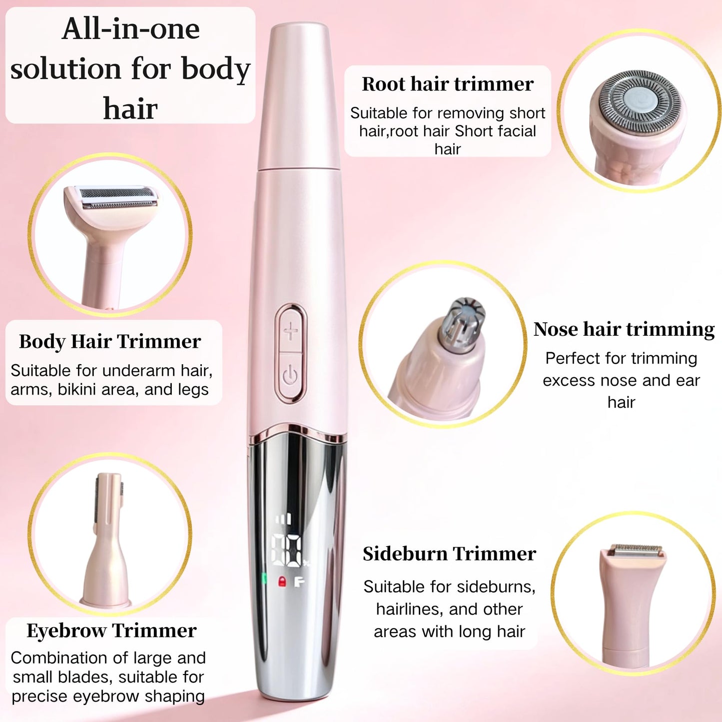 RFSCDI 5-in-1 Nose Hair Trimmer for Women, USB-C Rechargeable Painless Eyebrow & Facial Trimmer, IPX7 Waterproof Gift Set, LED Display with 5 Blade Heads, Sakura Pink