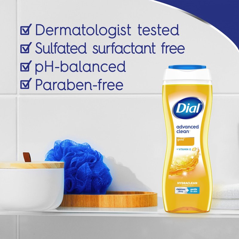 Dial Body Wash, Hydraclean Complex & Vitamin E, Gentle, Leaves Skin Feeling Nourished, Dermatologist-Tested, No Parabens & Sulfates, Advanced Clean, Gold, 16 Fl Oz, (Pack of 4)
