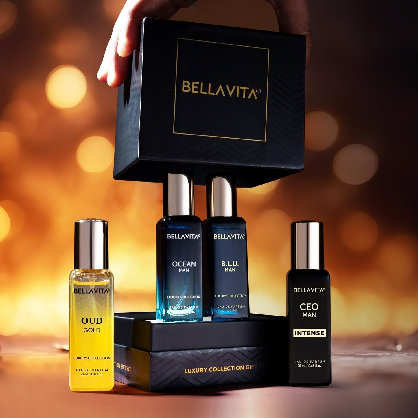 Bellavita Luxury Men's Luxury Perfume Gift Set with Gold Oud,OCEAN, B.L.U., & CEO Man Intense | 80ml | Perfume for Men and Women | Lavender, Bergamot, and Caramel Notes | Long Lasting Unisex Fragrance