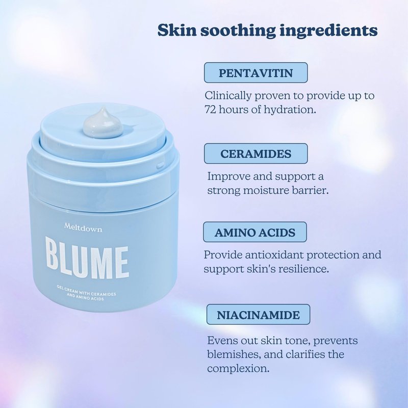 Blume Meltdown Gel Face Moisturizer for Acne Prone Skin - Oil Free Facial Moisturizer with Niacinamide & Centella to Even Skin Tone - 72-Hour Hydration Face Cream with Ceramides & Squalane (1.7 oz)