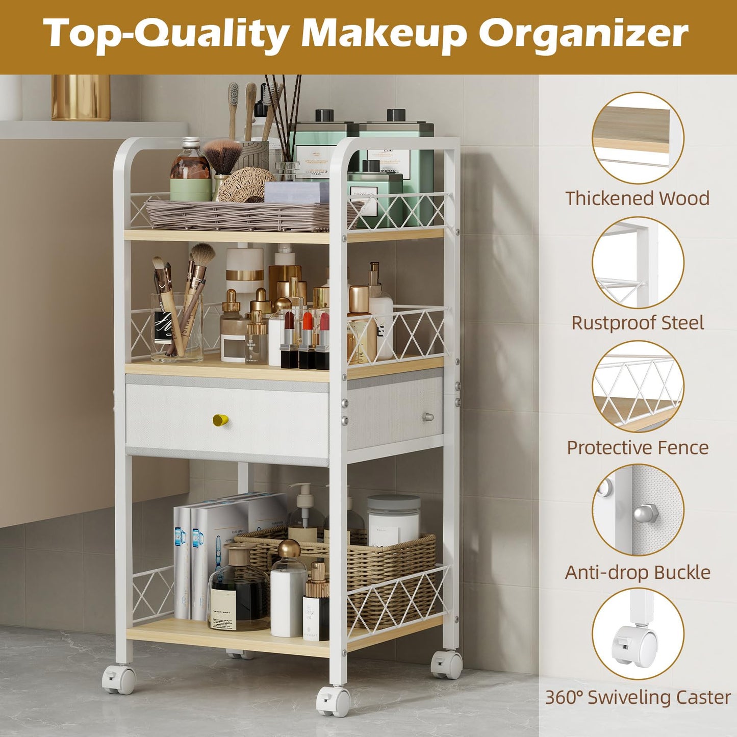 Makeup Organizer Rolling Cart with Drawer, Makeup Organizer on Wheels, Rolling Makeup Bathroom Storage Cart, Cosmetics Display for Nail Polish Makeup Brush