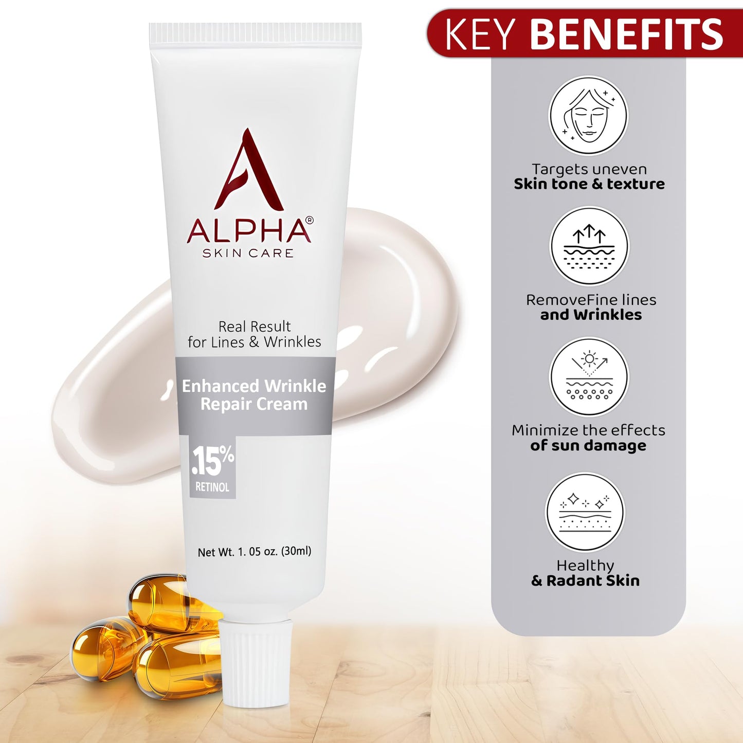 Alpha Skin Care Enhanced Wrinkle Repair Cream, Anti-Aging Formula, 0.15% Retinol, Vitamins A, C & E, Reduces Lines & Wrinkles, All Skin Types, 1.05 Oz, White