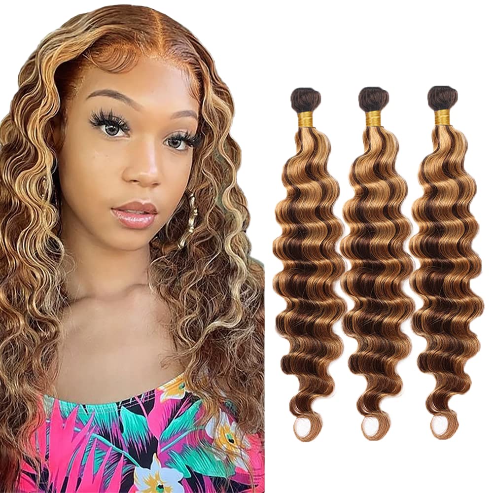 P4/27 Highlight Blonde Bundles Human Hair Deep Wave Bundles Human Hair 18 20 22 Inch Brazilian Hair 3 Bundle Brown Unprocessed Virgin Remy Hair Extensions 50 Gram Per Bundle