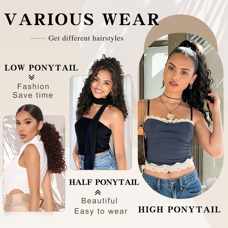 SHNMIN Ponytail Extension,Curly Drawstring Ponytail Extension for Black Women Natural Black Curly Clip in Hair Extensions 18 Inch Synthetic Hairpiece for Daily Party
