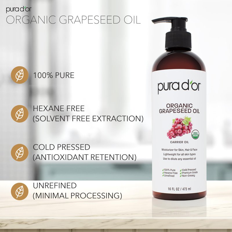 PURA D'OR ORGANIC Grapeseed Oil (16 Oz) 100% Pure & Natural USDA Certified Cold Pressed Carrier Oil For DIY Beauty - Unscented, Hexane Free Liquid Moisturizer - Face Skin & Hair