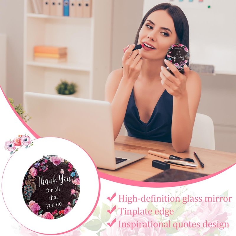 Pinkunn 24 Pcs Thank You Teacher Gifts Inspirational Compact Mirror Appreciation Gift Handheld Double Sided Magnifying Round Portable Pocket Small Travel Makeup Purse Mirror for Women Girl Coworker