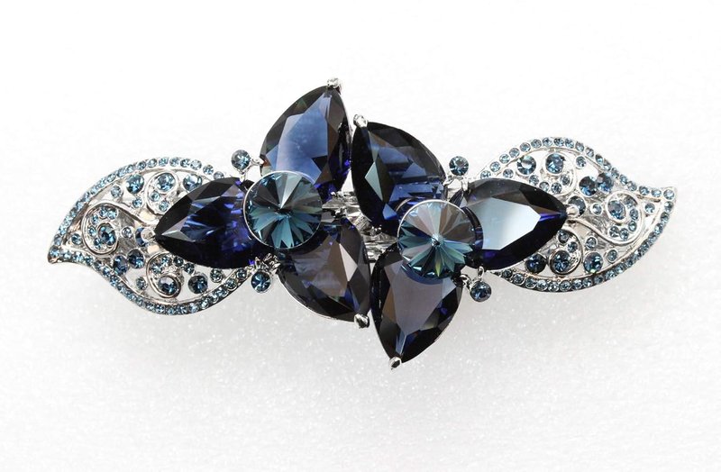 Navy Blue CZ Crystal Floral Hair Barrette Clip - Heavy Duty Design