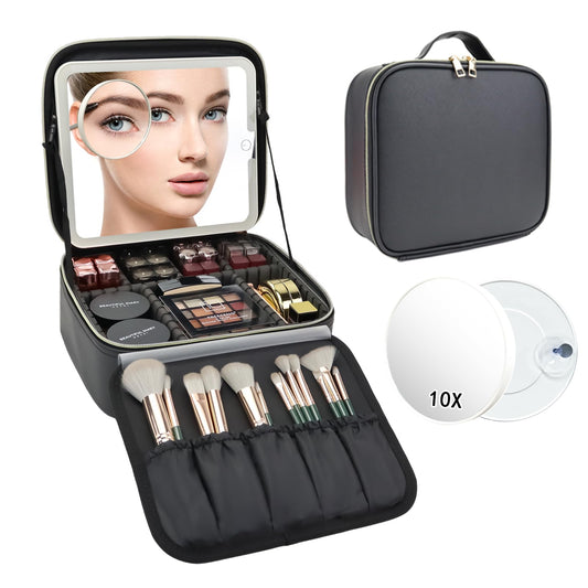 SLUMAZI Travel Makeup Bag with LED Mirror and 10x magnifying glass with 3 Lighted Settings, Adjustable Dividers and Makeup Brush Storage Bag Black