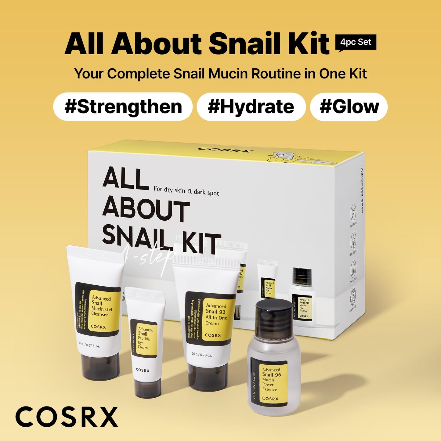 COSRX All About Snail Mucin Korean Skin Care Set, Mini Travel Essentials, Travel Size Gift Set with Snail Mucin Face Wash, Serum, Moisturizer & Eye Cream, Rejuvenating Kit, Mothers Day Gifts for Mom