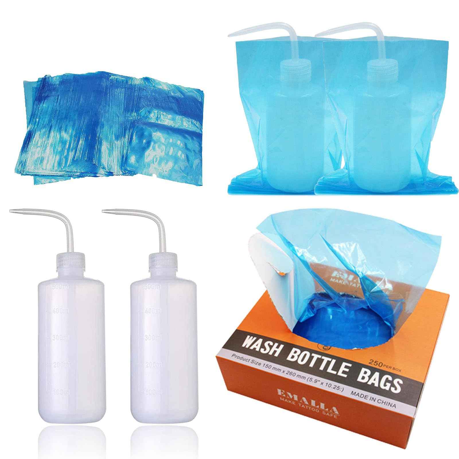 Gakonp 250pcs Tattoo Bottles Bags with 2pcs Wash Bottles 250ml Disposable Squeeze Watering Tool Sleeves for Tattoo Supplies