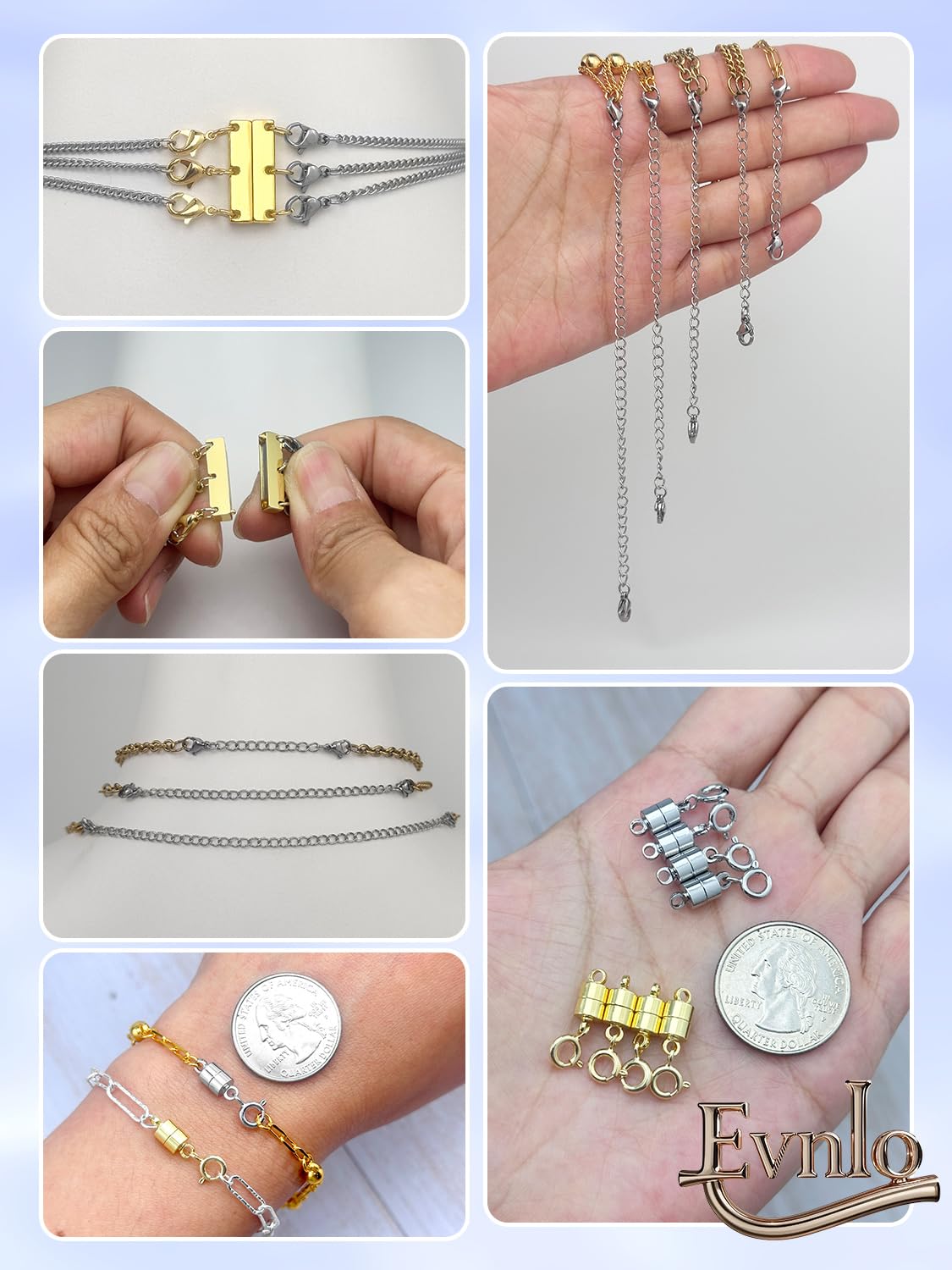 Evnlo Multi Necklace Layering Clasp and Chain Extender and Magnetic Jewelry Clasp Set, Gold and Silver Multiple Styles Necklace Extenders for Women
