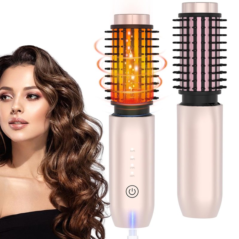 JAMIEWIN Cordless Hair Curling Iron Brush, Travel Hot Straightener Comb Curl Brush, 3-in-1 Portable Curling Iron Cordless Wand, USB Rechargeable Curling Wand-Blush(Gold)